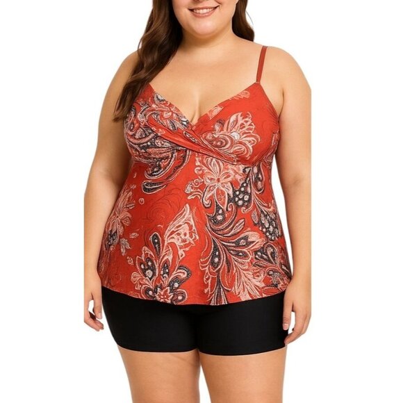 Plus Size 3XL Floral Tankini Swim Set Adjustable Straps High Waisted Boyshorts - Picture 1 of 9